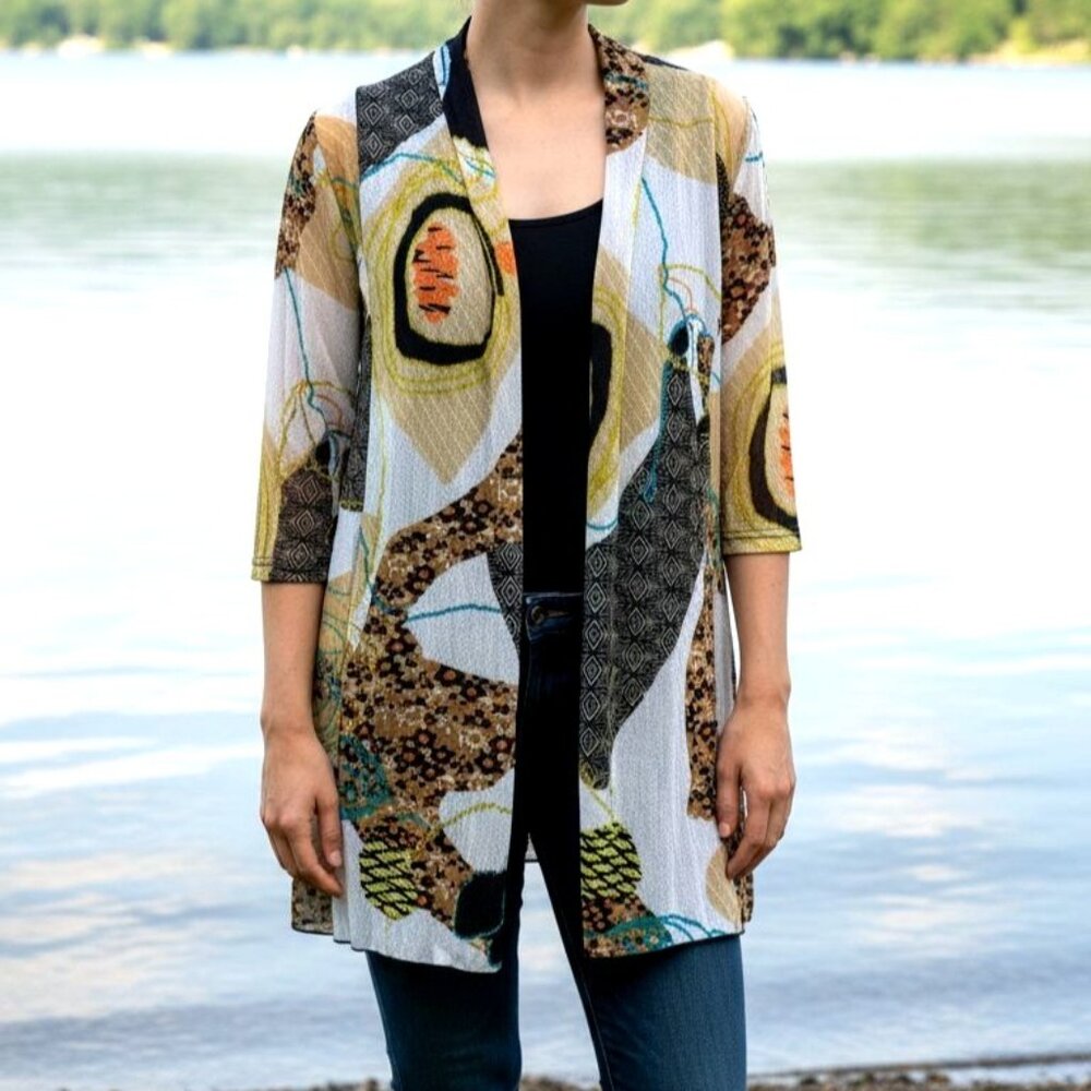 Creation S Cardigan Open Front Lightweight 3/4 Sleeve Mesh Knit Abstract Floral